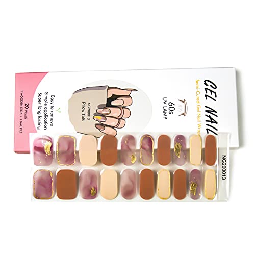 WOKOTO 20 Tips Pink Marble Design Semi-Cured Real Gel Nail Polish Strips Wraps Set With Nail File And Wood Stick On Full Press On Nail Stickers For Women Girls Gel Nail Strips Set Nail Gel Wraps