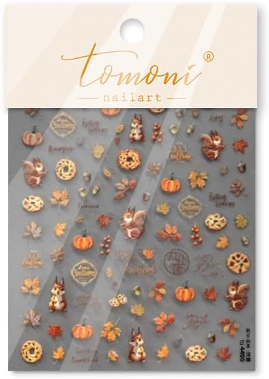 1Sheet Maple Leaf Nail Stickers 5D Embossed Self Adhesive Fall Squirrel Nuts Nail Decals Thanksgiving Day Pumpkin Nail Design Red Yellow Maple Leaf Nails Sticker Nails Decor for Women Nails Supplies
