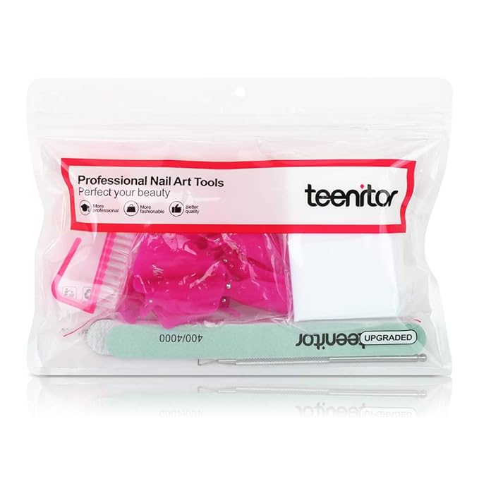 Teenitor Gel Nail Polish Remover Kit with 10pcs Nail Polish Remover Clips Cap 115pcs Nail Wipe Cotton Pads Nail Scraper Nail Files and Buffer Bushes - Hot Red