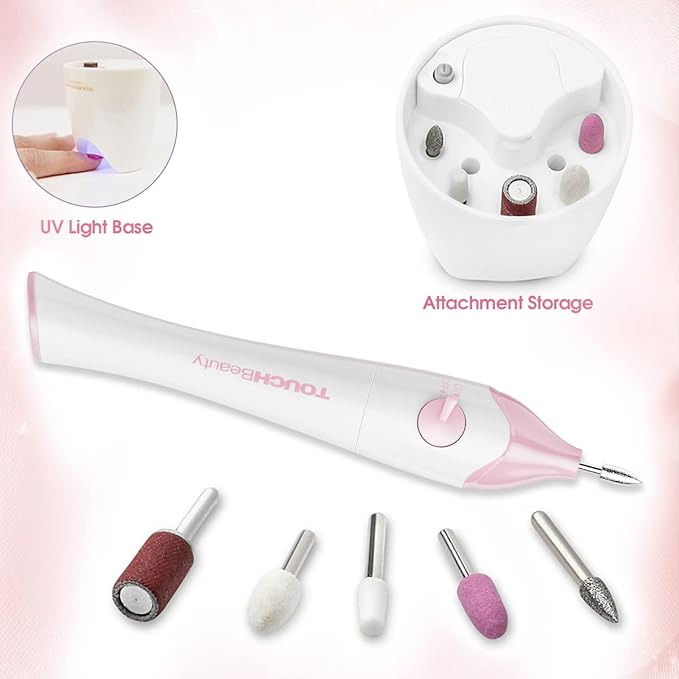TOUCHBeauty Electric Nail Care Set - with UV Light Stand, 10pcs Nail Bits, Buffer Drill Polisher, Fingernails and Toenails Care Set, Pink