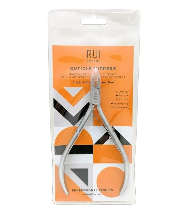 Rui Smiths Ultra-Premium Stainless Steel Cuticle Nippers - Professional Stainless Steel Cuticle Cutters - Spanish Handle, Rounded Box Joint, Matte Chrome Plated - 5mm Jaw, Single Spring