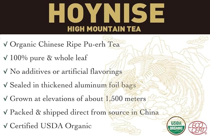 HOYNISE – USDA Organic Pu-erh Tea Loose Leaf- Chinese Yunnan Ripe Puerh Tea - Zero Artificial Flavorings & Additives - High Mountain Grown, 100g/3.5oz