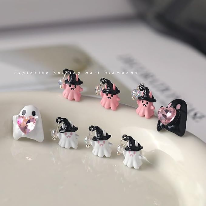 Halloween Ghost Nail Art Decals, Pink White Cute Resin Beautiful Nail Charms, Exquisite Nail Rhinestone Decals for Women Girls DIY Manicures Salon Accessories