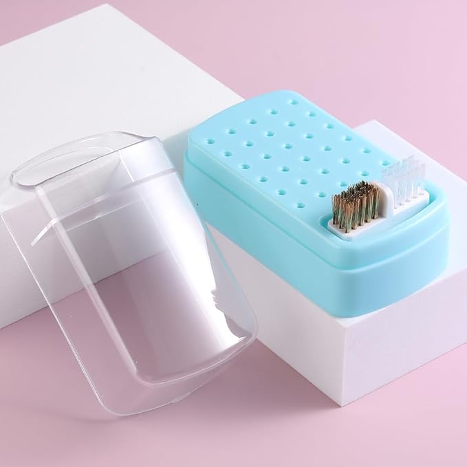 2 in 1 Nail Drill Bit Holder & Cleaner Brush Case, 30 Holes Dustproof Stand Display Organizer Container, Steel Wire & Nylon Double Brush for Cleaning Tungsten Carbide Ceramic Nail Drill Bits Cuticle