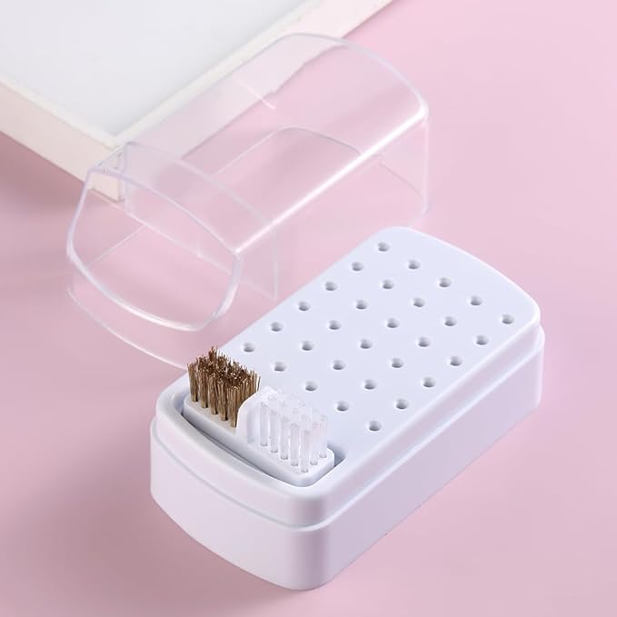 2 in 1 Nail Drill Bits Holder and Nail Drill Bits Cleaner Brush Case, 30 Holes Dustproof Stand Display Organizer Container with Steel Wire & Nylon Double Brush Manicure Drill Clean Tools