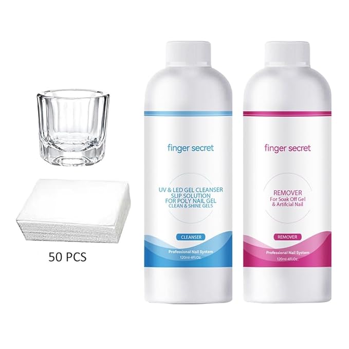 Slip Solution for Poly Nail Gel and Nail Polish Gel Remover Kit Cleans and Removes Easily, Makes Nails Shiny and Smooth.Includes Glass Cup and 50 Cotton Pads