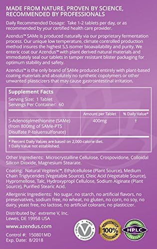Azendus Mood 400mg 2-Boxes of S-Adendosylmethionine Butanedisulfonate (SAM-e) 120 Enteric Coated Tablets - Vegan, Gluten Free, Soy Free