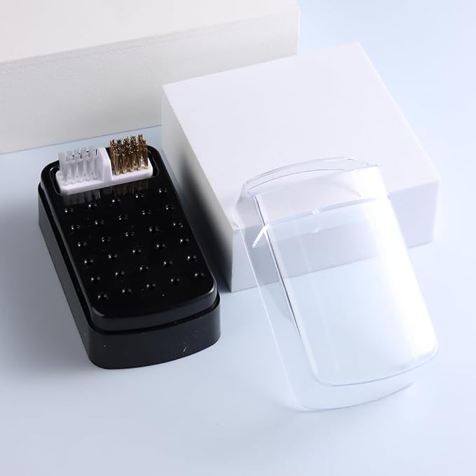 2 in 1 Nail Drill Bits Holder with Nail Drill Bits Cleanser, 30 Holes Dustproof Drill Bits Stand Display Storage Box, Steel Wire & Nylon Double Brush Manicure Drill Cleaning Tools for Home Salon