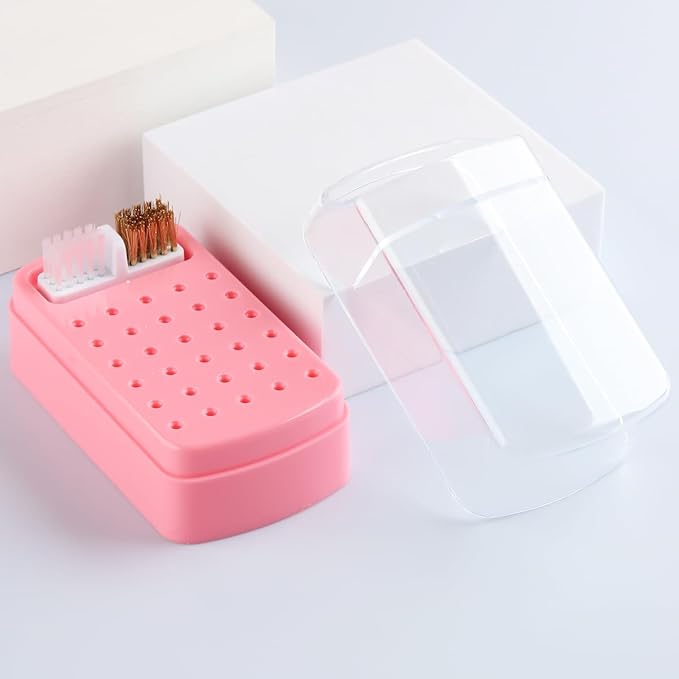 2 in 1 Pink Nail Drill Bit Holder and Nail Drill Bits Cleaner Brush Case, 30 Holes Dust-proof Nail Bit Holder Organizer Display Storage Box, Nail Bit Cleaning Case Manicure Container Tool