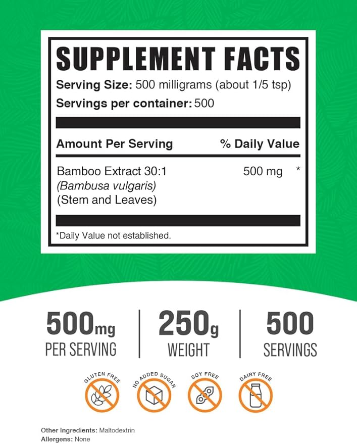 BulkSupplements.com Bamboo Extract Powder - Silica Supplements, Bamboo Powder - Herbal Supplement, Gluten Free, 500mg per Serving, 250g (8.8 oz) (Pack of 1)