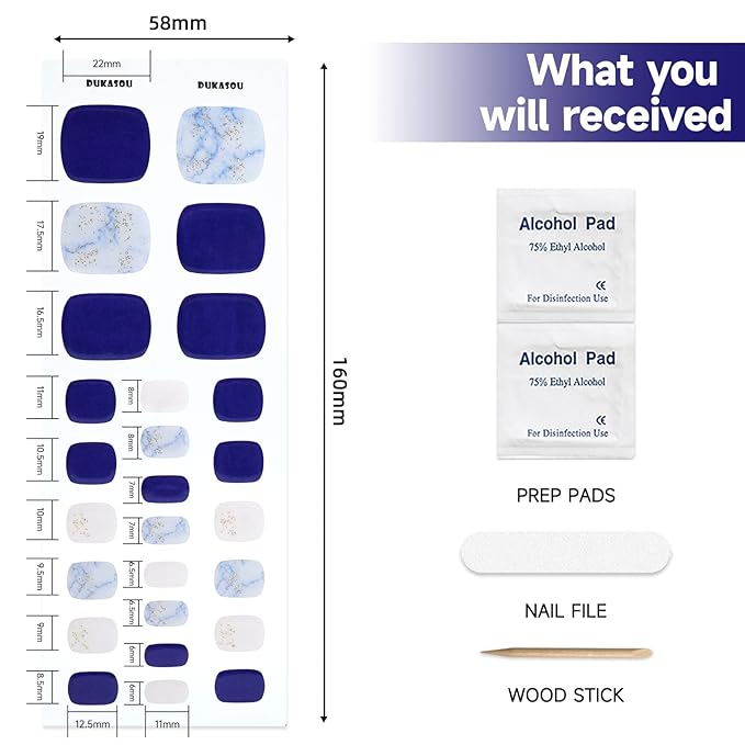 Semi Cured Gel Toe Nail Strips,26 Pcs Toes Nail Stickers Wraps(Deep Blue),UV Light Required,Easy to Apply