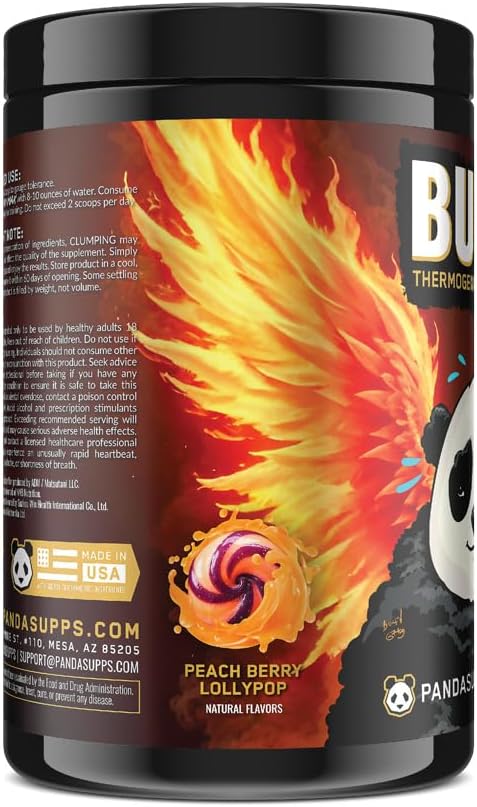 Panda Burn MAX Enhance Your Strength, Energy, Focus with Dual Source Caffiene (350mg), Alpha GPC, and MitoBurn® (Peach Berry Lollipop)(25 Servings)