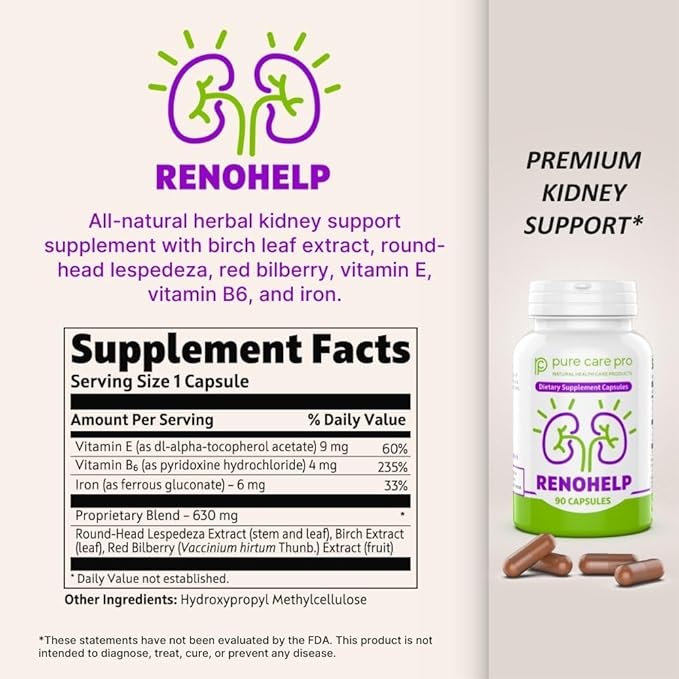 Renohelp Powerful All-Natural Kidney Support Supplement for Healthy Kidney Function, Creatinine Levels and Glomerular Filtration, Vegan & Gluten Free* (90 Capsules)