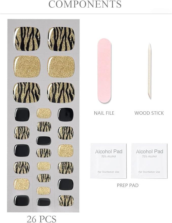 Semi Cured Gel Toenail Strips, 26 Leopard Gel Toe Nail Stickers, Works with Any UV Lamps