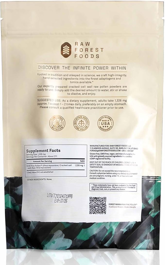 Forest Manna RAW Pine Pollen Powder – Mountain Harvest Pine Pollen – 280 Gram Pouch