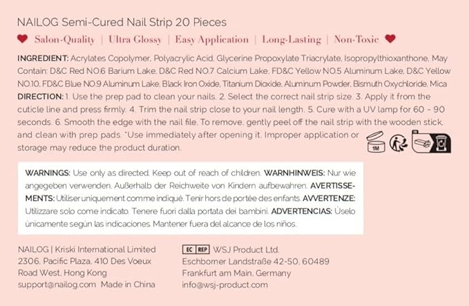 NAILOG Brand Pink Fusion Semi Cured Gel Nail Strips, 20Pcs Extra Long, Acrylic, Water Resistant, Glossy Finish, Custom Style, Irregular Shape, Unisex, Christmas