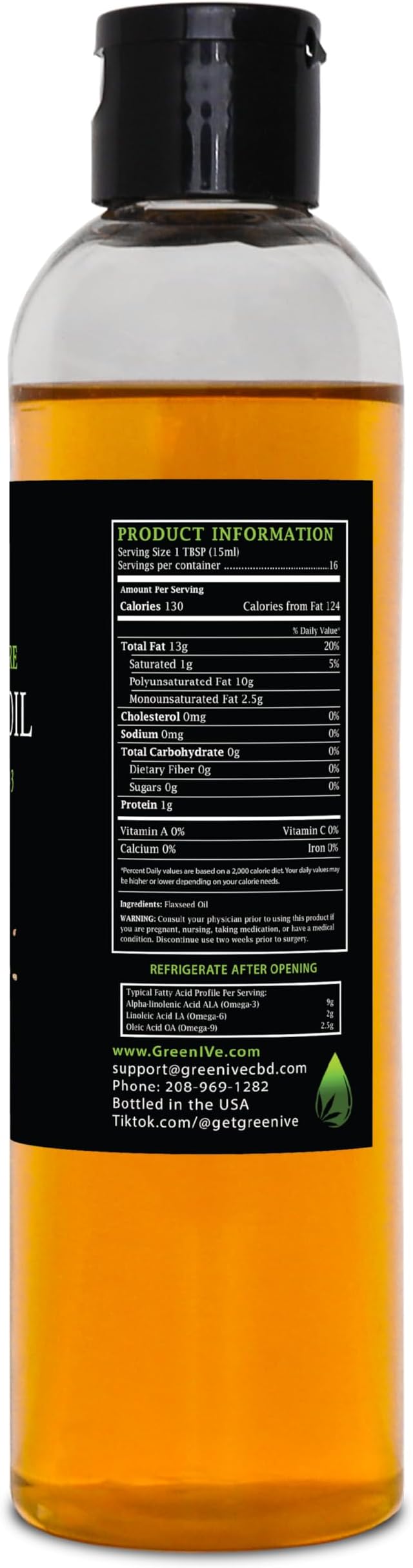 GreenIVe Flax Seed Oil Organically Grown100% Pure Cold Pressed High Vegan Omega Fatty Acids (8 Fl Oz)