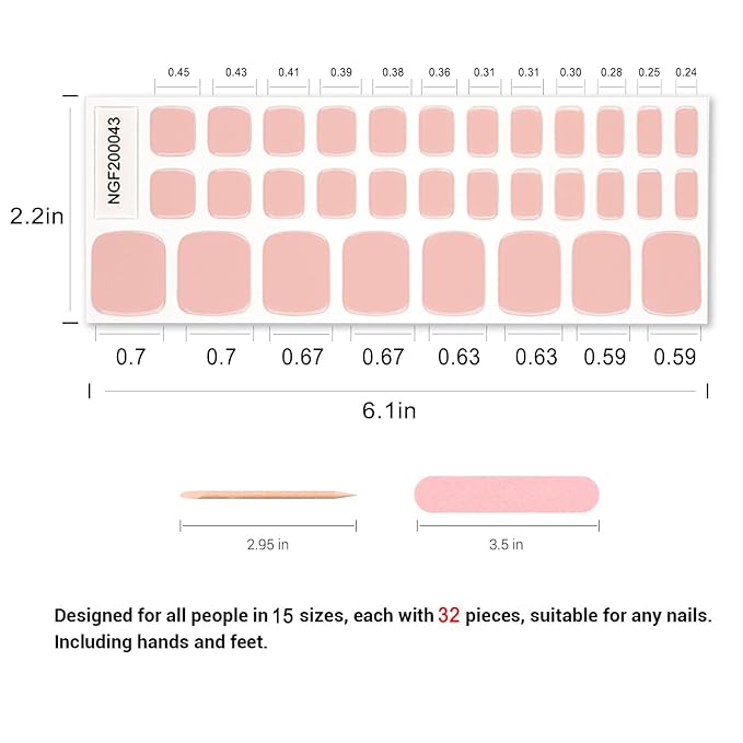 Semi Cured Gel Toenail Strips, 32 Soft Nude Gel Toenail Stickers - Works with Any UV Lamps Pedicure Strips Full Nail Wraps with Nail File & Wood Stick