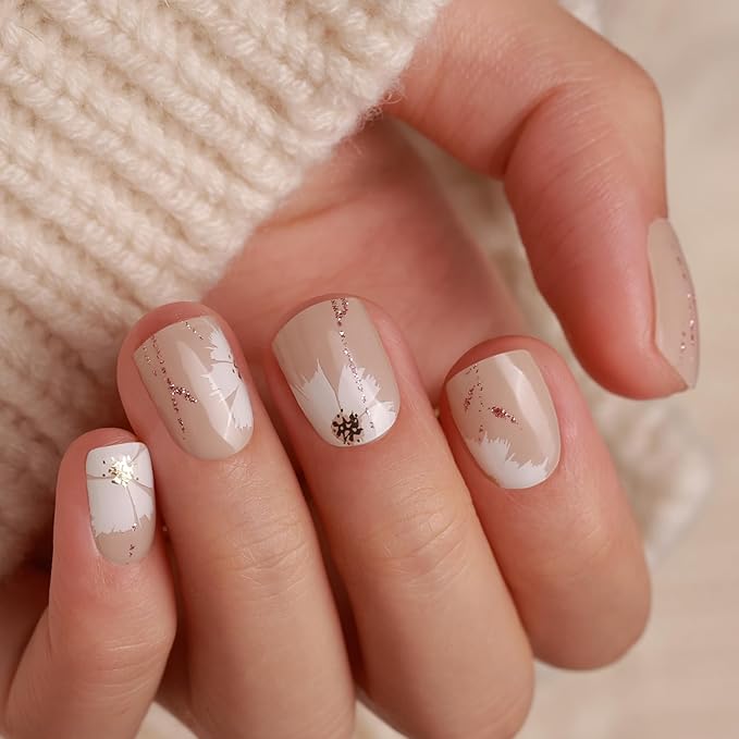 Semi Cured Gel Nail Strips - 30PCS Long-Lasting Nail Wraps, Salon-Quality Semi Cured Stickers, 2 Weeks Wear, Easy DIY Manicure-White Garden