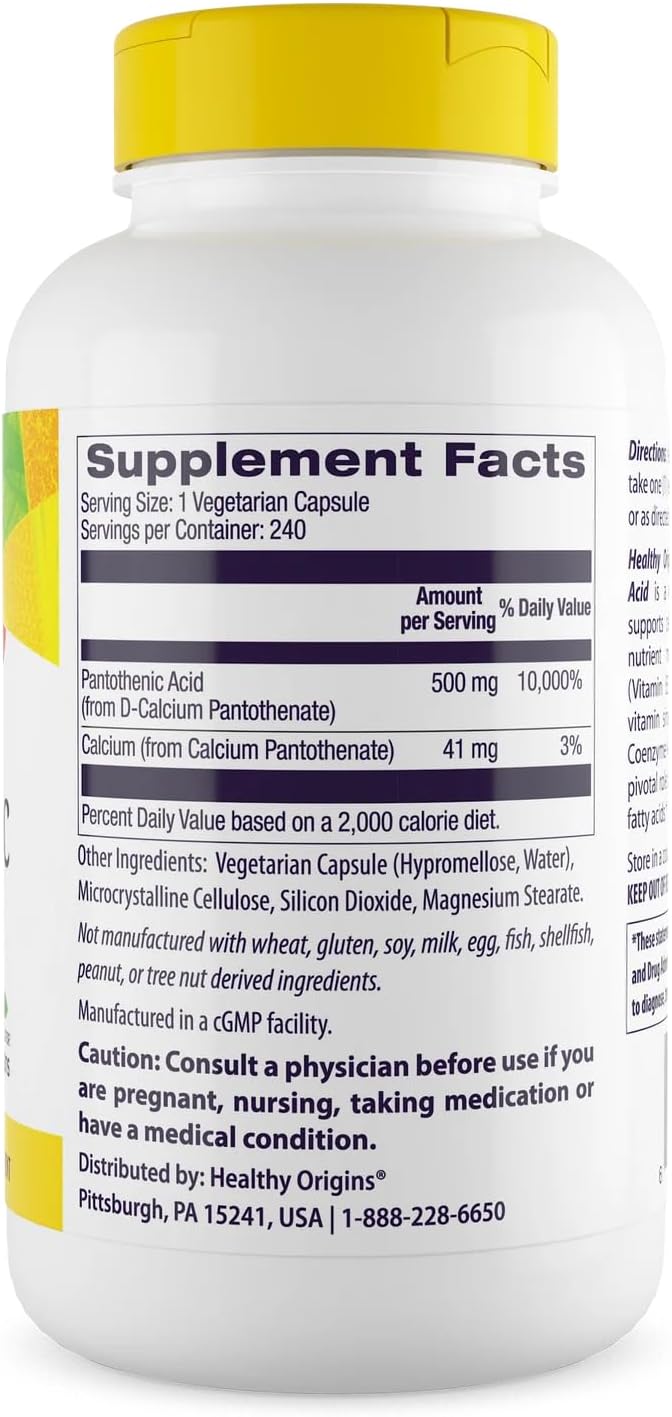 Healthy Origins Pantothenic Acid 500 mg (Vitamin B5, Vegan, Non-GMO, High Strength, Energy Boost and Metabolism Support, Tiredness & Fatigue, Acne Supplement for Skin Care), 240 Veggie Caps
