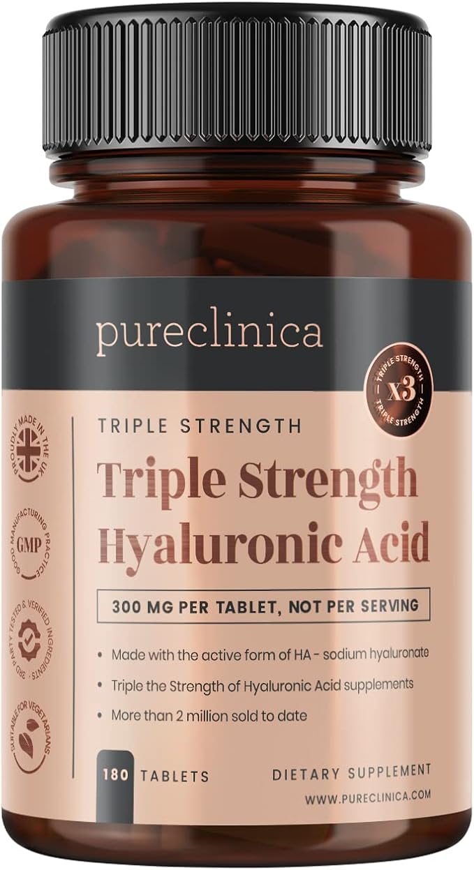 pureclinica Hyaluronic Acid 300mg x 1080 Tablets (6 Bottles of 180 Tablets - 3 Years Supply). Triple Strength Hyaluronic Acid. 300% Stronger Than Any Other HLA Tablet