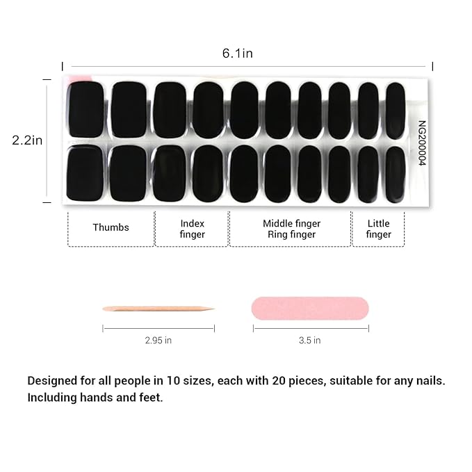 Semi Cured Gel Nail Strips, 20pcs Real Nail Polish Art Stickers, Pure Black Gel Nail Stickers - Work with Any UV Lamp, Long Lasting Full Wraps with Nails File and Stick