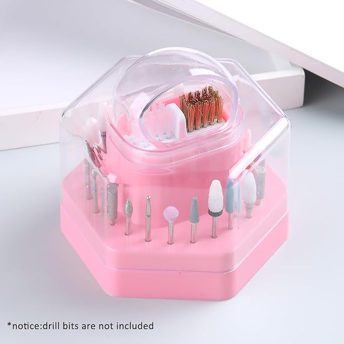 2 in1 Nail Drill Bit Holder and Nail Drill Bits Cleaner Brush Case, 24 Holes Pink Nail Drill Bit Holder Stand Display Organizer Dust Proof Storage Container Box Case Nail Tech Supplies