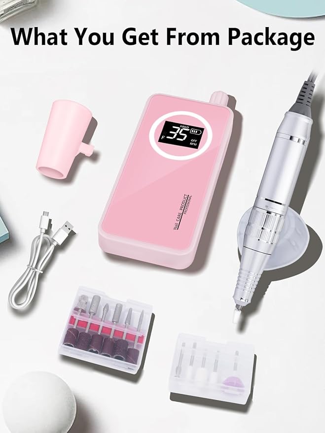 Portable Nail Drill Professional 45000 RPM, Rechargeable Electric Nail File Machine E File for Acrylic Gel Polishing Removing Pink