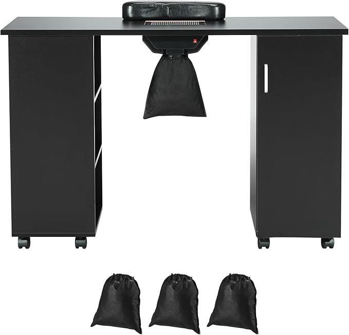 VEVOR Manicure Nail Table, Mobile Nail Station with Powerful Dust Collector, MDF Nail Tech Desk with 8 Lockable Wheels, 3 Dust Bag & Wrist Rest, Nail Art Workstation for Home Spa Beauty Salon