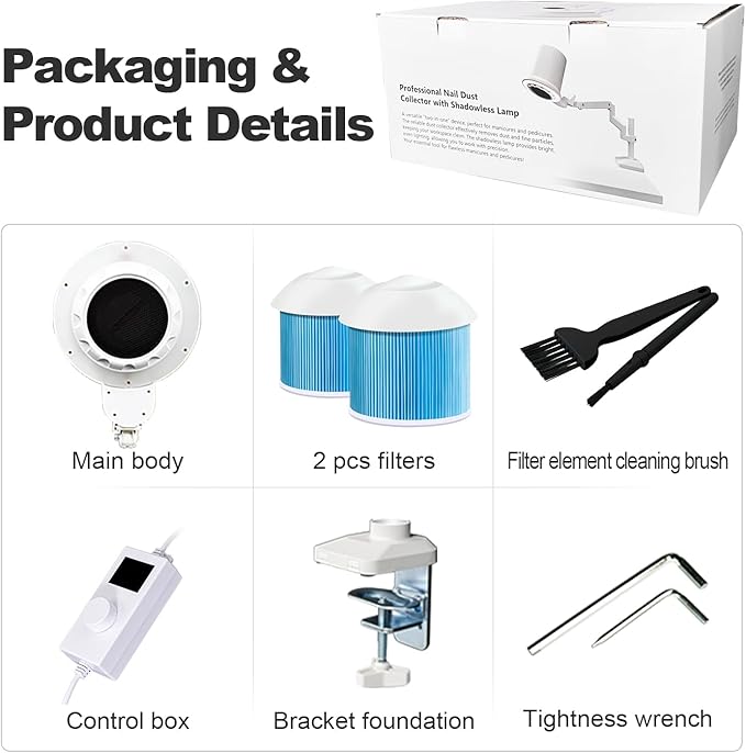 Professional Pedicure Nail Dust Collector, 80W Manicure Vacuum Cleaner Nails Tech Acrylic Dust Extractor Dimmable Lamp Table Mounted for Nail Salon Spa, Powerful Fan Suction (2PCS Reusable Filters)