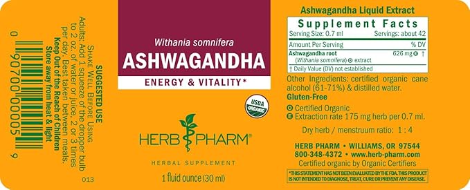 Herb Pharm Certified Organic Ashwagandha Extract for Energy and Vitality, Grain, Organic Cane Alcohol, 1 Ounce