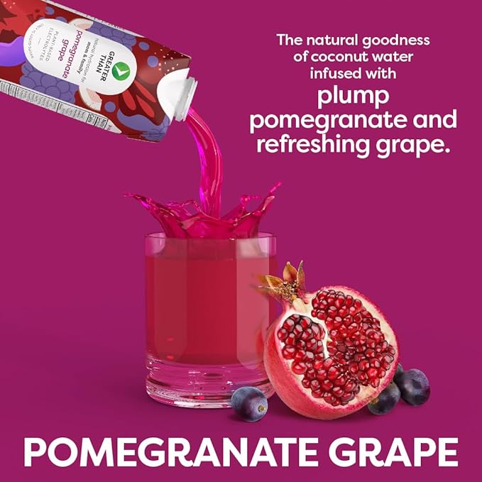 Greater Than Nutrient Hydration Beverage, Electrolyte Drink for Gut Health & Energy with Coconut Water, Vitamins, Gluten Free, Plant Based, Low Sugar, Pomegranate Grape, 24 Pack