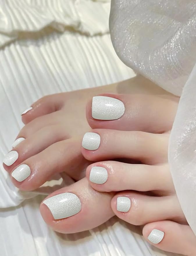Semi Cured Gel Toenail Strips, 26 White Shimmer Gel Toe Nail Stickers, Works with Any UV Lamps