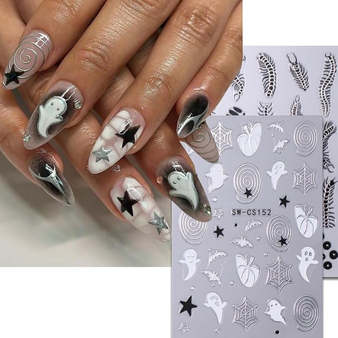 Halloween Nail Stickers, 3D Self-Adhesive Cute Ghost Nail Art Decals, DIY Holiday Nail Decoration Supplies Charms for Women and Girls, Autumn Nail Art, 6 Sheets