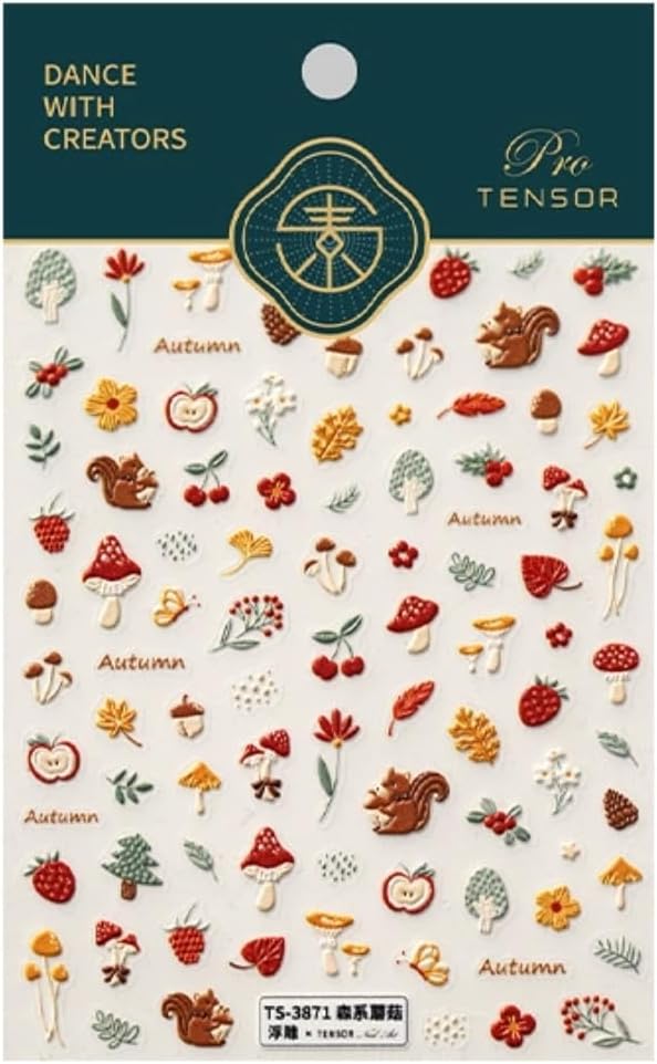 Fall Nail Art Stickers Decals 5D Embossed Autumn Nail Decals Squirrel Maple Leaf Mushroom Fruit Nail Design Stickers Fallen Leaves Nails Art Supplies for Women Thanksgiving Day Manicure Decoration
