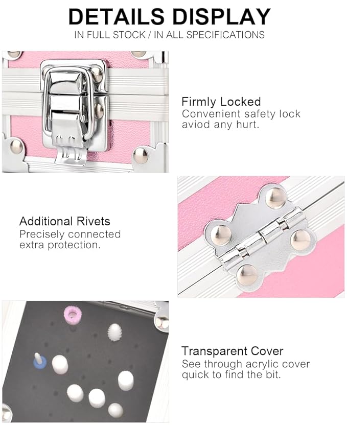 Professional 25 Holes Nail Drill Bits Box Container Nail Drill Grinding Bit Holder Nail Polish Head Storage Box Nail Tools Organizers Container Display Storage Box Manicure Tool (Pink)