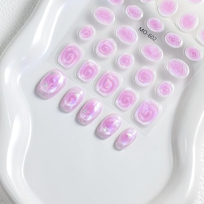 Laser Swirl Nail Art Stickers Decals Pink Blue Purple Nails Stickers Cute 5D Embossed Nails Decal Self-Adhesive Nail Art Decal for Women Manicure Decor