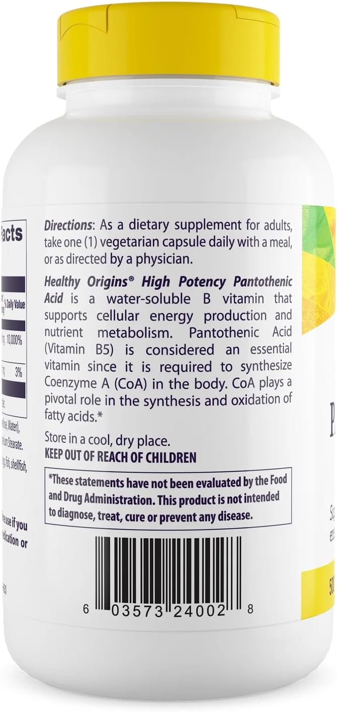 Healthy Origins Pantothenic Acid 500 mg (Vitamin B5, Vegan, Non-GMO, High Strength, Energy Boost and Metabolism Support, Tiredness & Fatigue, Acne Supplement for Skin Care), 240 Veggie Caps
