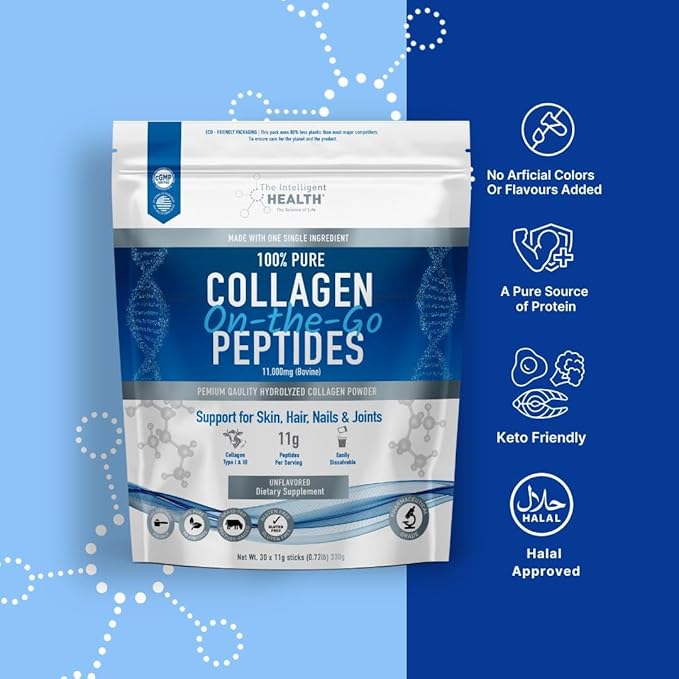 The Intelligent Health Hydrolysed Collagen Powder (Bovine) - High Protein Grass Fed Unflavoured Peptides - Collagen Supplements for Women | Gluten Free, Paleo & Keto Friendly (Stick Pack (30))