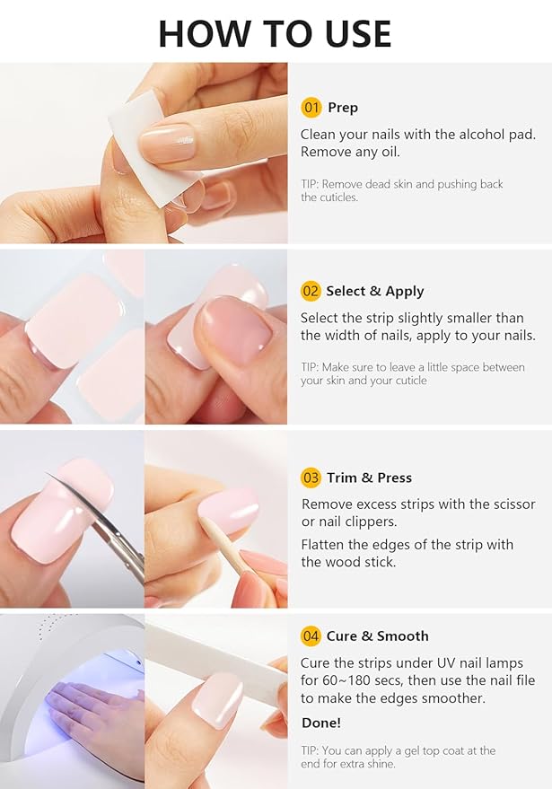 Semi Cured Gel Nail Strips (White), 20 Pcs Gel Nail Wraps, Stickers, UV Light Required, Salon Quality, Long Lasting