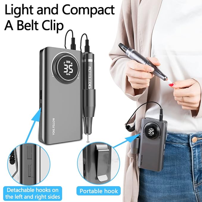 YOKE FELLOW Rechargeable Nail Drill - 35000 RPM Nail Machine with 12 Bits for Manicure Pedicure Salon Home Use