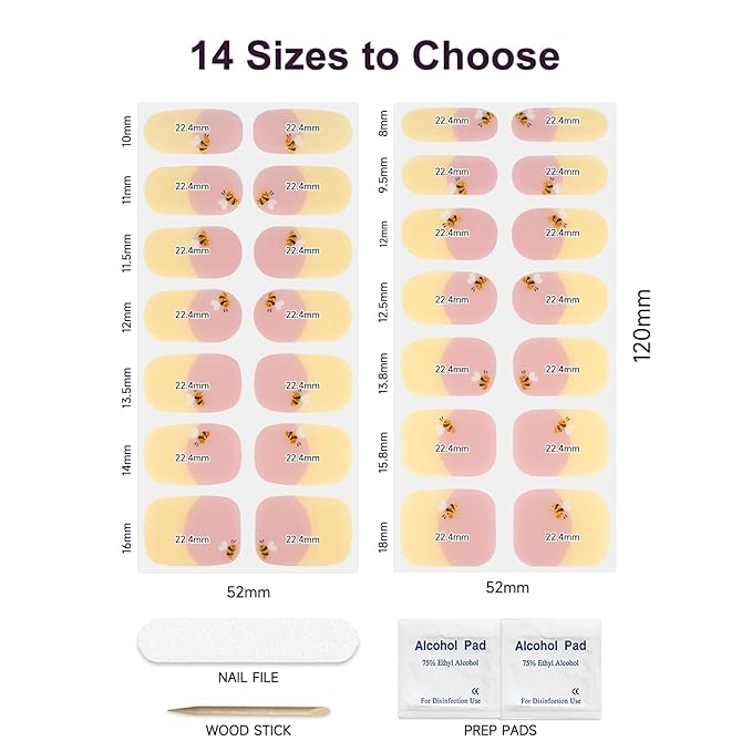 Semi Cured Gel Nail Strips,28 PCS Nail Art Stickers(Yellow BER),Gel Stickers for Nails UV Light,Nail Polish Strips Includes Prep Pads, Nail File & Wood Stick