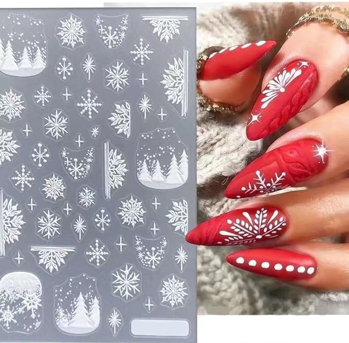 HNUIX Nail Stickers - 5D Snowflake, Self Adhesive Nail Decals, Multi Pattern, 4 Sheets, for Nail Art