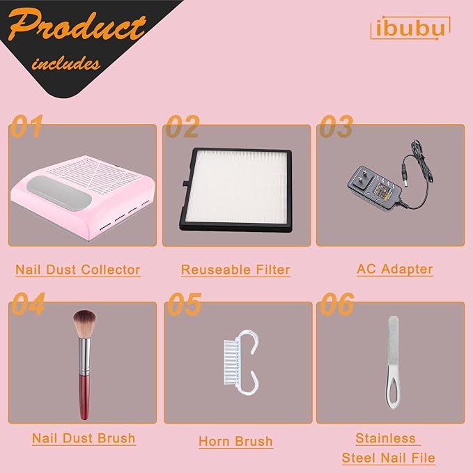 Professional Nail Dust Collector Machine - 80W Powerful Vacuum Cleaner with Multiple Tool Kits - Low Noise Pink