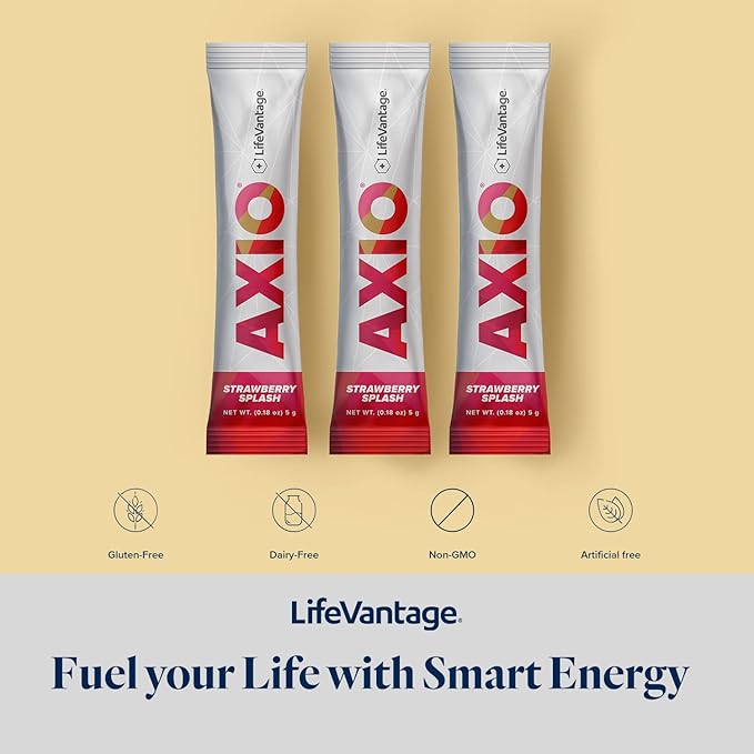 LifeVantage AXIO Regular Energy Drink Powder, Nootropic Supplement, Focus & Mood Support, with L-theanine, Green Tea, B Vitamins, DMAE, Quercetin & Pine Bark, Strawberry Splash, 30 Packets