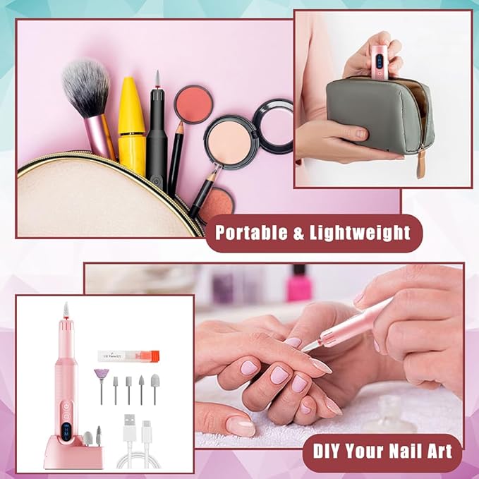 Pinkiou Electric Nail Drill, Cordless Electric Nail File ,Manicure Pedicure Kit for Acrylic,Gel Nails,Rechargeable Nail Drill,Professional Nail Grinder for Home Salon Use(Pink)