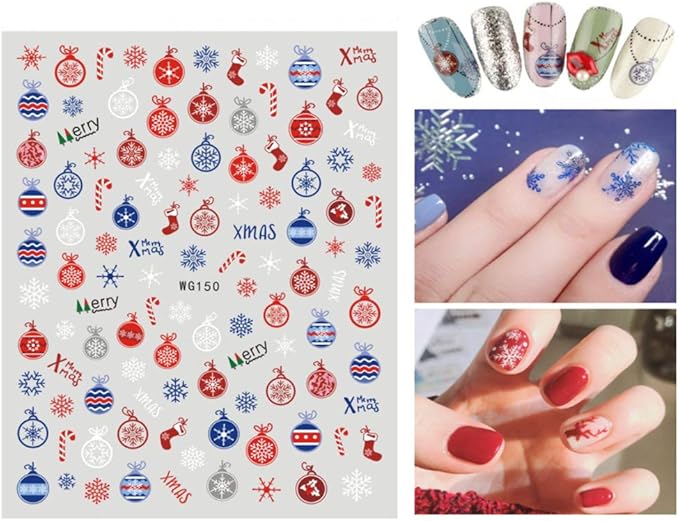 6 Sheets Christmas Nail Art Stickers 3D Snowflake Self-Adhesive Nail Decals Tree Bell Santa Claus Elk Sock Designs Sticker Xmas Winter Nails Supplies for Fingernails & toenail Charms Nail Art Decor