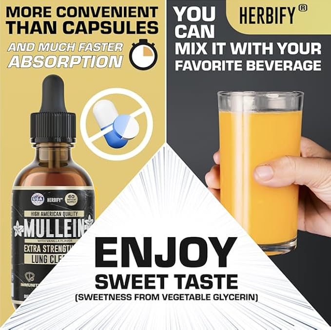 HERBIFY Mullein Drops - Lung Cleanse - Leaf Extract - Powerful Mullein for Immune Support, Detox & Respiratory Support - Made in USA - 4 Oz Vanilla Flavor
