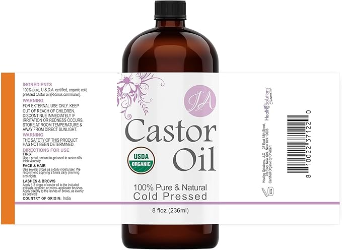 Healing Solutions Oils - 8 oz Castor Oil Organic Pure Natural, Cold Pressed, Hexane & Chemical Free Natural Solution, Lash Serum, Stimulates Growth For Hair, Eyelash, Eyebrows, Scalp & Beard - 236ml