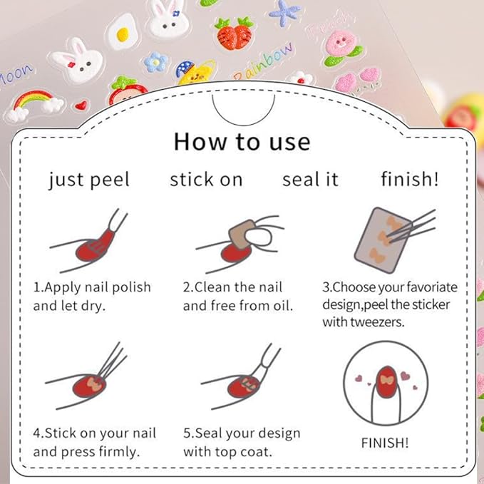 8 Sheets Kids Nail Stickers for Nail Art, 5D Embossed Self-Adhesive Flower Rainbow Dog Fruits Cherry Nail Decals, Cute Nail Supplies Designs Accessories for Women Girls Toddler Manicure DIY Decoration